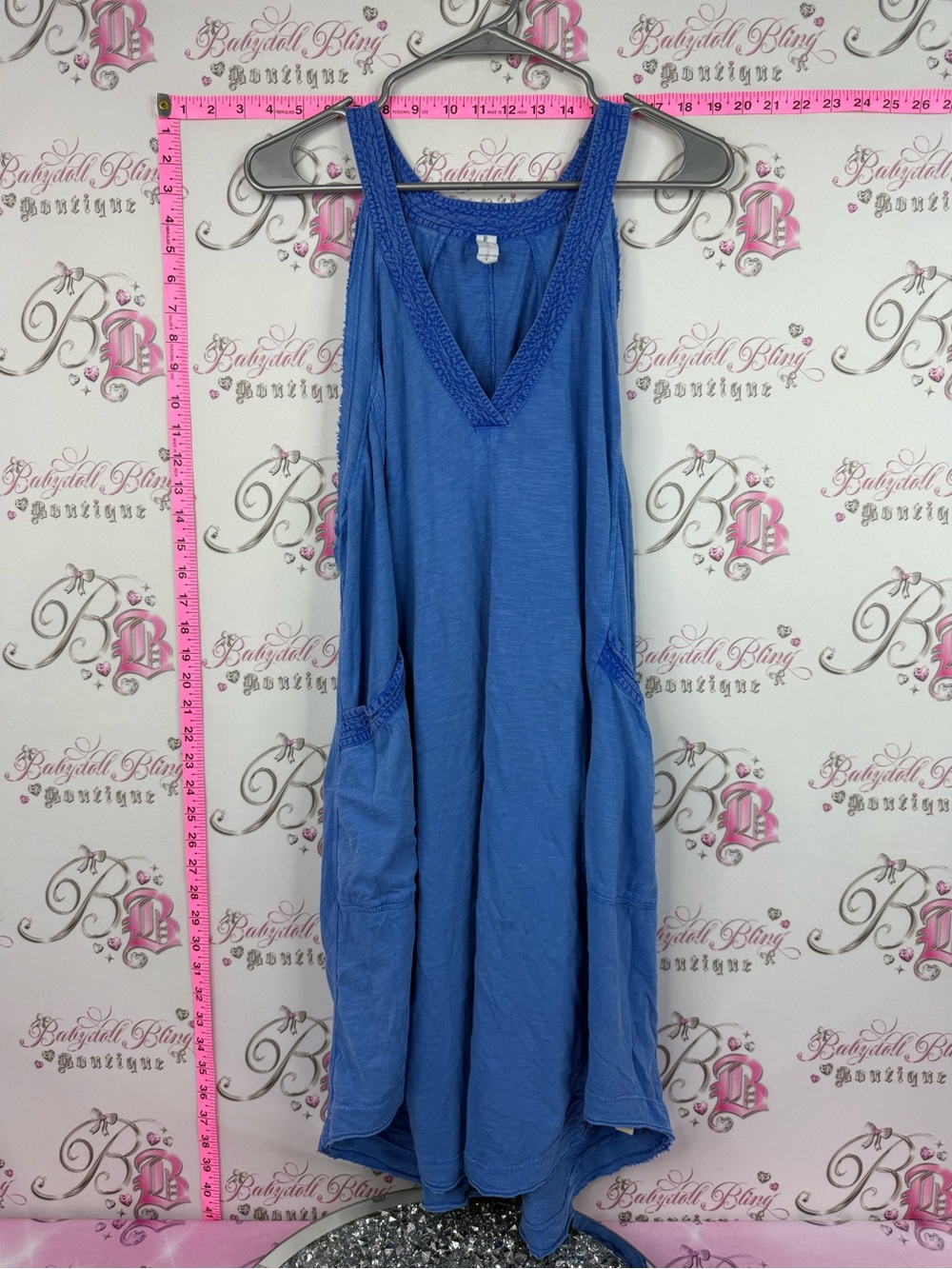 Daily practice dress Casual Blue Midi Tank Dress with Crochet Trim